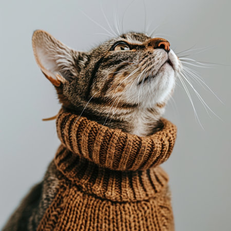A charming tabby cat dressed in a warm brown turtleneck sweater gazes upwards with curiosity. The cat's expressive features and cozy attire create a delightful ambiance.の素材