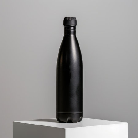 This sleek black bottle stands elegantly on a minimalist white pedestal. The soft lighting highlights its modern design, making it perfect for product photography and marketing use.の素材