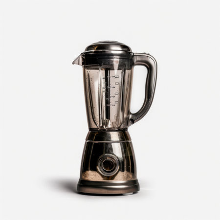 A sleek stainless steel blender with a clear pitcher, ideal for healthy cooking. Perfect for smoothies, soups, and sauces, this efficient kitchen appliance enhances culinary experiences.の素材