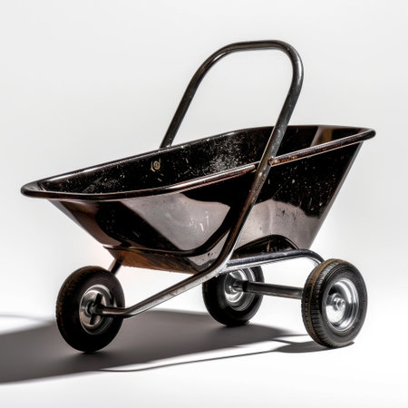 A black metal wheelbarrow featuring a sturdy steel frame and rubber tires, perfect for transporting materials in gardens, construction sites, or backyards.の素材