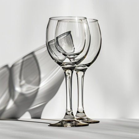 Capture the beauty of elegant glassware with this stunning image showcasing clear glasses. Delicate light reflections and soft shadows create a refined minimalist atmosphere.の素材