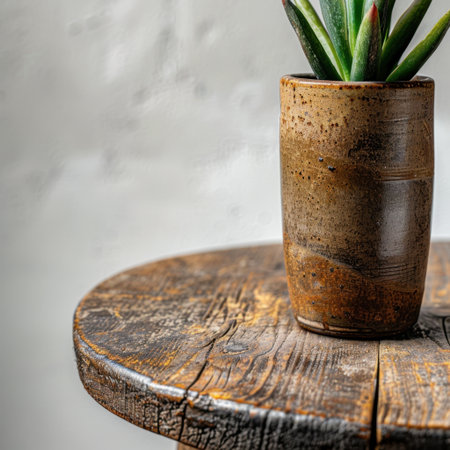 A serene indoor scene featuring a potted green plant, adding a touch of nature to a rustic wooden table bathed in gentle natural light, perfect for home decor inspiration.の素材