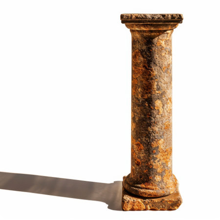 This image features a solitary ancient Roman style column showing rich textures and shadows against a white backdrop, capturing the essence of historical architecture.の素材