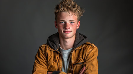 This portrait features a confident young male with a casual style, exuding charm and energy. The neutral background and soft studio lighting highlight his expression.の素材