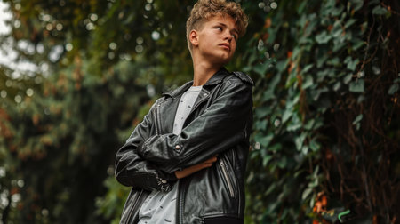A young man stands outdoors, wearing a black leather jacket, exuding confidence and style against a lush backdrop. The image captures a moment of thoughtfulness and modern fashion.の素材