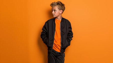 A stylish young boy stands against a bright orange wall, wearing a modern bomber jacket and t-shirt, exuding confidence and showcasing youth fashion trends.の素材