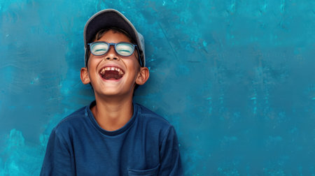 A joyful boy with glasses and a cap laughs heartily, radiating happiness against a vibrant blue backdrop. This image captures the essence of childhood joy and carefree moments.の素材