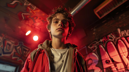 A captivating portrait of a teenage boy standing proudly in a vibrant urban setting, surrounded by colorful graffiti and dramatic red lighting, showcasing modern streetwear.の素材
