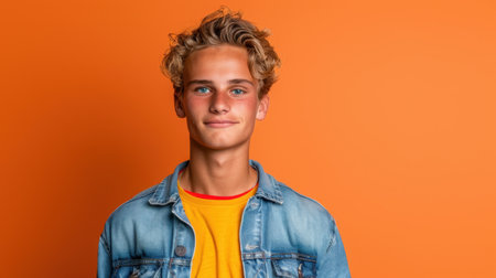 A cheerful young man showcases a bright smile against an orange backdrop. His casual style features a denim jacket and a yellow t-shirt, radiating youthful joy.の素材