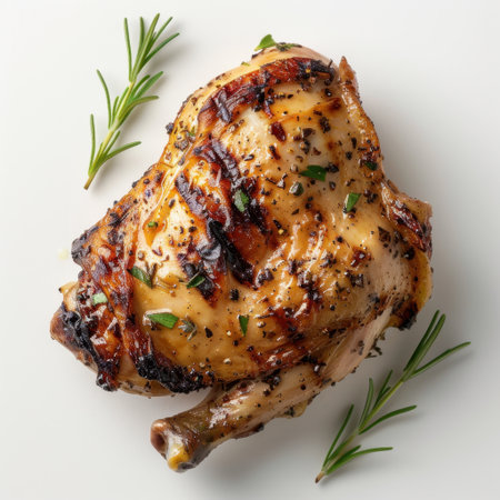 A beautifully grilled chicken thigh, featuring smoky char and garnished with fresh rosemary, highlights a mouthwatering presentation on a clean white background.の素材