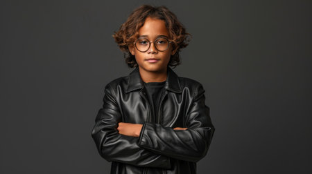 This image features a confident young boy in a stylish black leather jacket and glasses. He stands with arms crossed, exuding charm and fashion against a dark background.の素材
