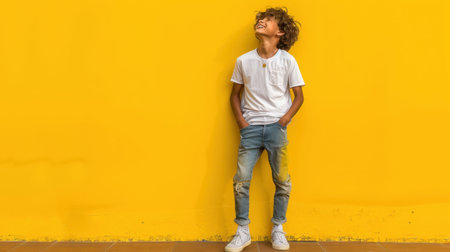 A cheerful young boy stands confidently against a bright yellow wall, showcasing a carefree spirit in casual attire. His joyful smile radiates happiness.の素材