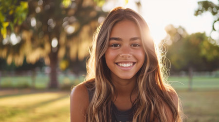 A young girl with long, wavy hair enjoys a sunny moment in the park, radiating happiness and warmth. The golden sunlight enhances her joyful smile and serene expression.の素材