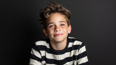 A charming portrait of a smiling boy wearing a striped sweater, showcasing carefree happiness and youthful energy with a dark background for contrast.の素材