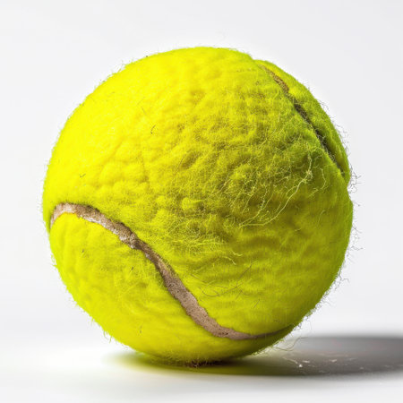 A vibrant yellow tennis ball showcasing its textured surface in a close-up view. Ideal for sports-themed designs or any project focusing on athletic activities.の素材
