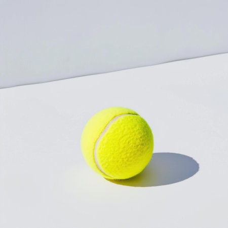 A vibrant yellow tennis ball rests on a minimalistic surface, showcasing its texture and detail. Ideal for themes of sports, recreation, and fitness activities.の素材