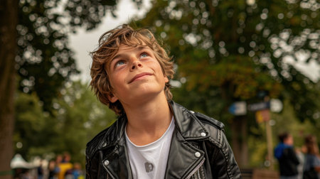 A delightful portrait of a young boy in a leather jacket, gazing upwards with an expression of wonder in a lively outdoor park setting surrounded by nature and people.の素材