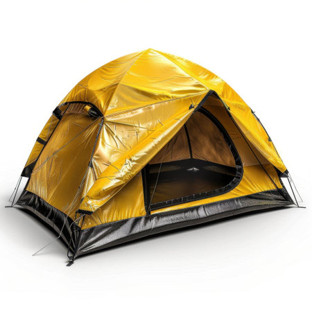 This bright yellow camping tent features a durable design and an open entrance, perfect for outdoor adventures. Ideal for backpacking and enjoying nature.の素材