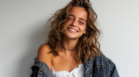 A joyful young woman with wavy hair smiles warmly while wearing a denim jacket. The neutral background enhances her beauty, capturing a moment of happiness and confidence.の素材