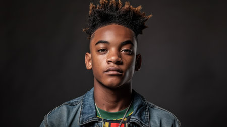 A striking portrait of a confident young man showcasing his unique hairstyle and casual fashion. The image captures the essence of modern youth and urban culture.の素材