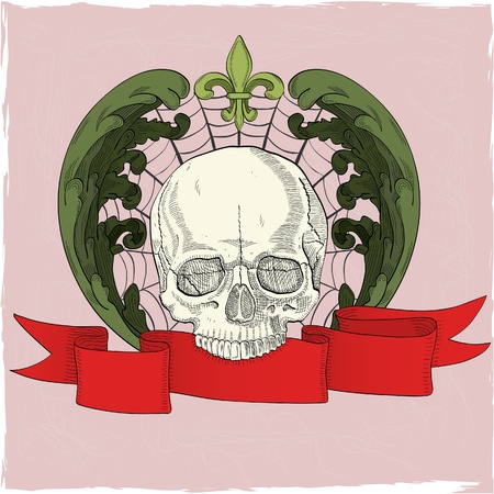 The image with human skull, red ribbon and acunthusのイラスト素材