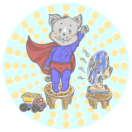 Illustration with cute little cat superhero. Can be used for baby t-shirt print, fashion print design, kids wear, baby shower celebration greeting and invitation card.のイラスト素材