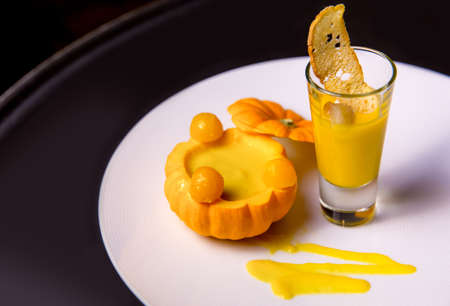 high cuisine pumpkin soup in restaurant の写真素材
