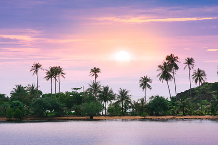 Violet sunset over remote tropical sand beach in Thailand Ko Chang islandの写真素材