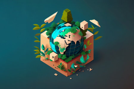 3d isometric earth with trees and houses on the green backgroundの素材