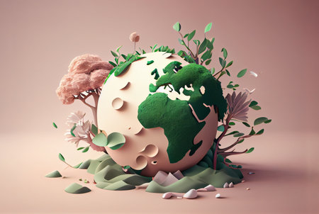 3d render of earth with green leaves and flowers. Earth day conceptの素材