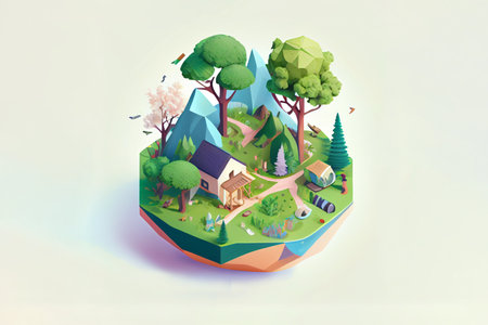 3d isometric landscape with trees, houses, trees and mountainsの素材