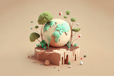3d illustration of earth with trees and grass on the ground.の素材