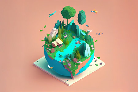 isometric earth with trees, houses and birds. 3d renderingの素材