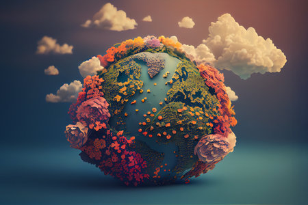 3d render of planet earth with clouds and flowers in the skyの素材