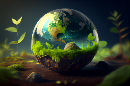 Ecology concept. Earth globe with green grass. 3D renderingの素材