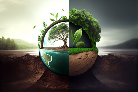 Ecology concept. Earth globe with green planet and tree in the desertの素材