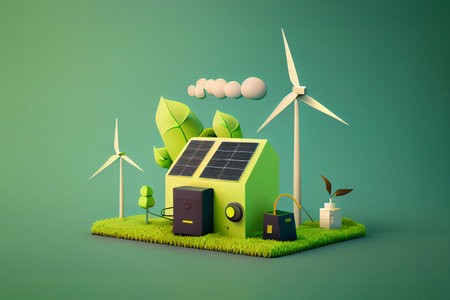 Green energy concept with solar panel and wind turbines. 3D renderingの素材