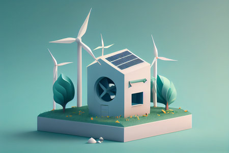 Renewable energy concept with wind turbines and house. 3D renderingの素材