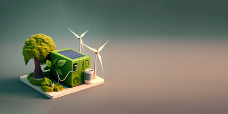 Green energy concept with wind turbines and green house. 3D renderingの素材