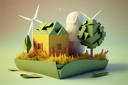 Eco friendly concept. Eco friendly house and wind turbines. 3D illustrationの素材