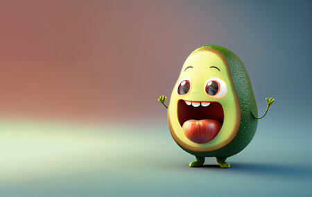 A delightful 3D cartoon character of a smiling avocado, radiating joy with its cute expression. Adds a playful and healthy vibe to any design or projectの素材