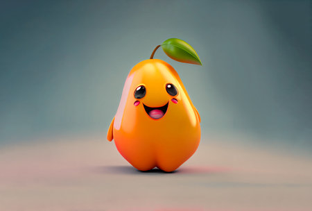 A lovable 3D cartoon character of a mango, with an irresistible smile and a luscious orange color. Adds a tropical and delightful touch to any project or designの素材