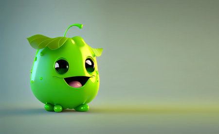 A delightful 3D cartoon character of a lime, featuring an adorable expression and a vibrant green color. Adds a playful and tangy touch to any project or designの素材