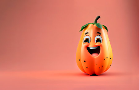 A delightful 3D cartoon character of a papaya, with an endearing expression and a sunny orange color. Adds a tropical and playful vibe to any project or designの素材