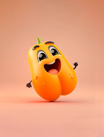A delightful 3D cartoon character of a papaya, with an endearing expression and a sunny orange color. Adds a tropical and playful vibe to any project or designの素材