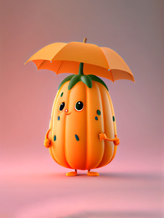 A delightful 3D cartoon character of a papaya, with an endearing expression and a sunny orange color. Adds a tropical and playful vibe to any project or designの素材