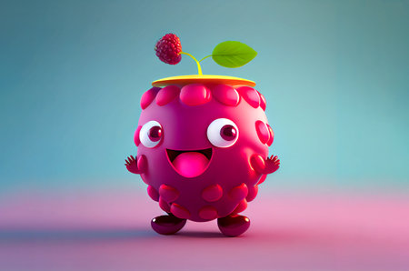 A charming 3D cartoon character of a raspberry, with an endearing face and a vibrant red color. Adds a playful and tangy touch to any project or designの素材