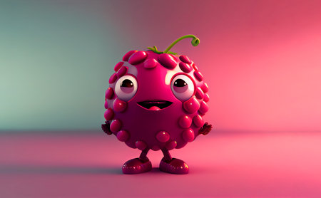A charming 3D cartoon character of a raspberry, with an endearing face and a vibrant red color. Adds a playful and tangy touch to any project or designの素材
