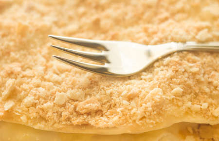 dessert fork lying on the cake Napoleonの写真素材