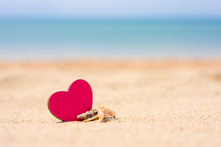 One small seashell and pink heart lie on a sandy beach. In the background, the blue sea. Focus on seashells, blurred background.の写真素材